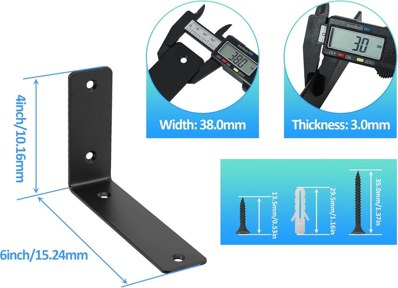 Redunest L Floating Shelf Brackets,4 Pack Heavy Duty L Brackets for Shelves, L 6" X H 4" Black Metal Countertop Support Brackets,Wall Mounting for Wood - Image 2